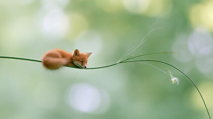 Obraz premium Fox cub resting on slender green stem in lush foliage