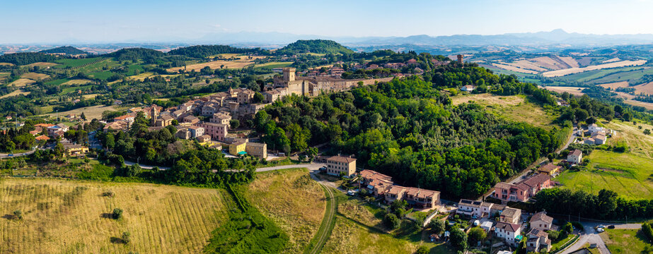 Offagna Medieval Borgo Aerial Panoramic View Marche Italy Authentic Hilltop Village Rolling Hills Background Stunning Scenic Landscape Off the Beaten Path Hidden Gems Italy High Resolution World Print