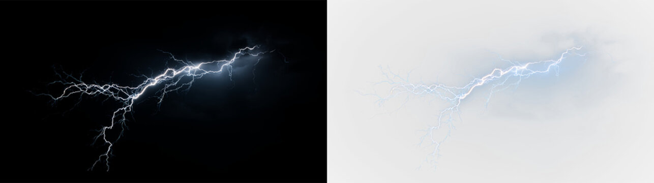 Blue and white lightning strikes during a thunderstorm with a light cloud background at midday in a clear view without any obstructions, light overlay, PNG