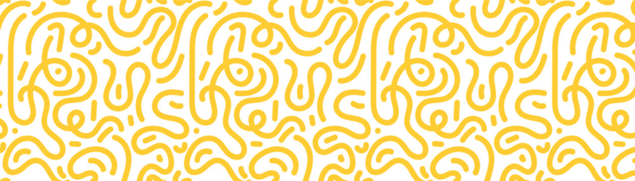 Pattern doodle pasta and food line background with circle round abstract. Wave design italian and package yellow seamless with ramen spaghetti curve. Shape pattern kitchen and modern food.
