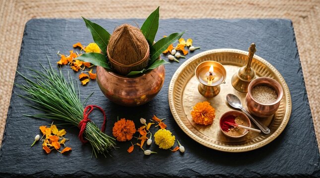 Mahalaya Amavasya, still life of traditional brass ritual items, kusha grass, copper vessel (lota), and fresh marigold petals on a clean dark stone surface