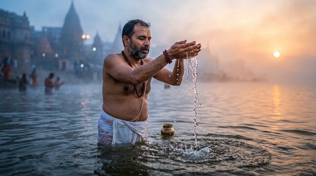 Mahalaya Amavasya, A devotee performing Tarpan ritual in a holy river at dawn, waist-deep in water, cupped hands pouring water back into the river,