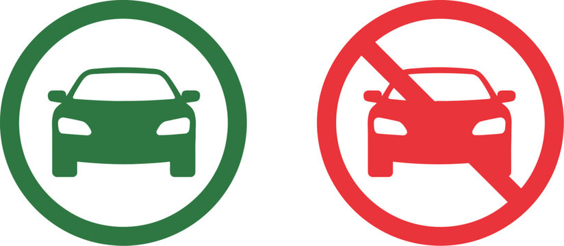 Car parking, and no entry signs, traffic regulation icons for road safety parking zones and restricted access symbols.