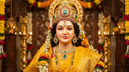 Obraz premium Gauri Avahan, portrait of a traditional Goddess Gauri idol face adorned with a gold nath and emerald jewelry, draped in a rich yellow silk saree,