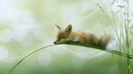 Obraz premium Red Fox Resting on Green Reeds