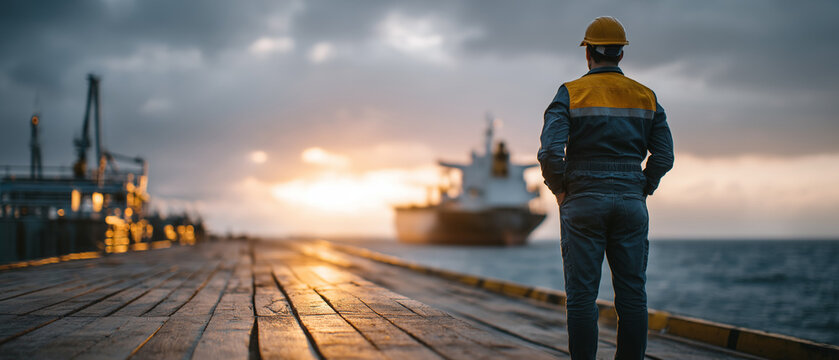 Dockside Sentinel: A lone worker in a hard hat surveys a vast cargo ship docked at a misty harbor during a dramatic sunrise, embodying the spirit of industry and maritime commerce.
