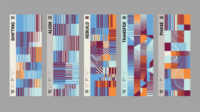 Abstract geometric data visualization banners, colorful glitch art posters with shifting and align text, modern tech pattern vector set