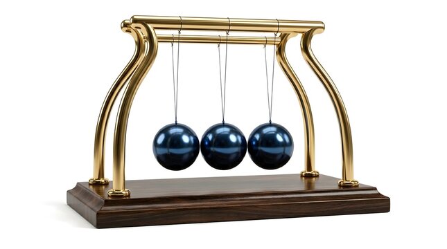 Newton cradle with three blue balls isolated on white background