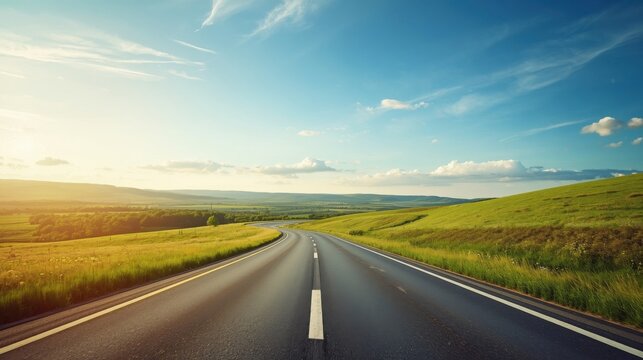 Winding highway stretches across serene rolling green hills under sunny blue sky with wispy clouds