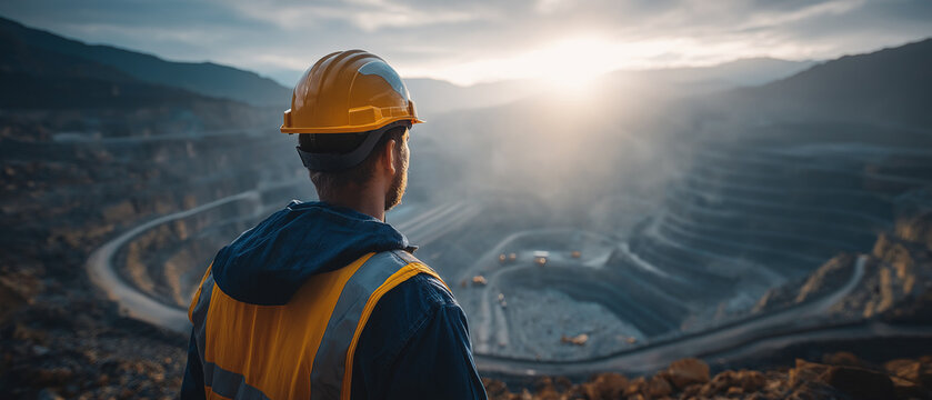 Miner Overseeing Operations: A lone miner in a yellow hard hat and reflective vest gazes out over a vast open-pit mine, the sun setting behind dramatic, layered terrain.