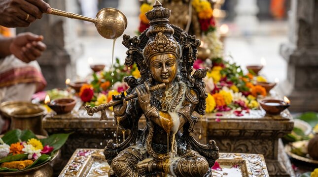 Prana Pratishtha, close-up of a brass idol during the Abhishekam ritual, thick honey and sacred milk flowing over intricate metal carvings