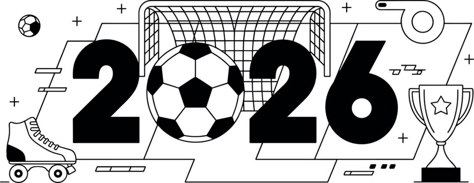 Black and White Vector Graphic for 2026 Sports Tournament Featuring Soccer Ball, Trophy, Whistle, and Retro Roller Skates