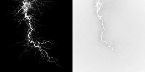 White lightning bolt striking down isolated on transparent and black background, showing bright energy and electrical activity in the sky, light overlay, PNG © Liubov