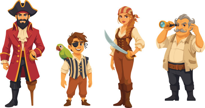 Cartoon Pirate Crew and Maritime Buccaneer Characters Vector Set with Captain, Boy cabin, Woman Sword fighter, and Lookout for Fantasy Game Designs