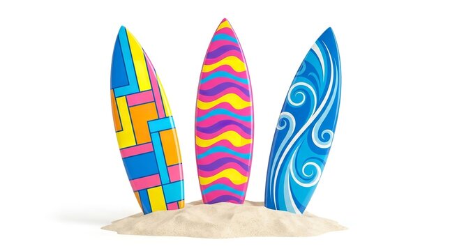Three vibrant patterned surfboards standing upright in a pile of beach sand on white background