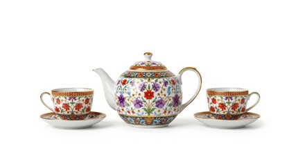 Fototapeta premium Elegant Floral Teapot Set with Two Cups and Saucers, Decorative Porcelain Tea Ware