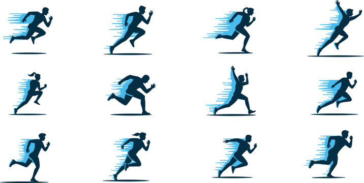 Set of running people silhouettes featuring dynamic motion blur effects for speed, fitness, exercise, and active lifestyle concepts.