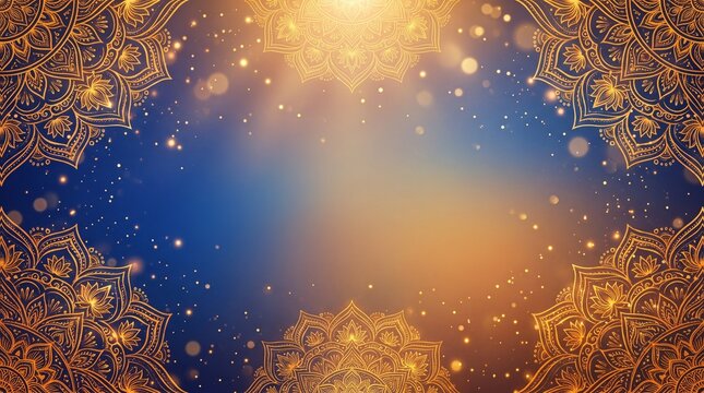 Mahalaya festival celebration banner, royal blue and amber gradient, elegant sacred mandala patterns, radiant morning light effects,