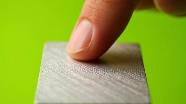 Close Up of Finger Touching Wooden Block on Green Screen.