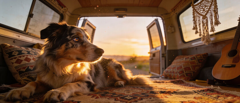 Dog lying in a classic van, enjoying the sunset with dusty rays of light. Freedom and adventure life style for motorhome and road trip.