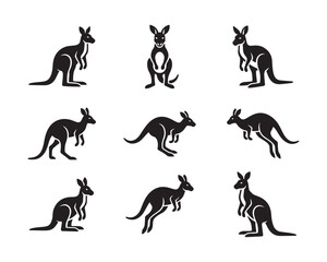 Fototapeta premium Minimalist Kangaroo Icon Set, Flat Vector Australian Marsupial Silhouettes on Black Background