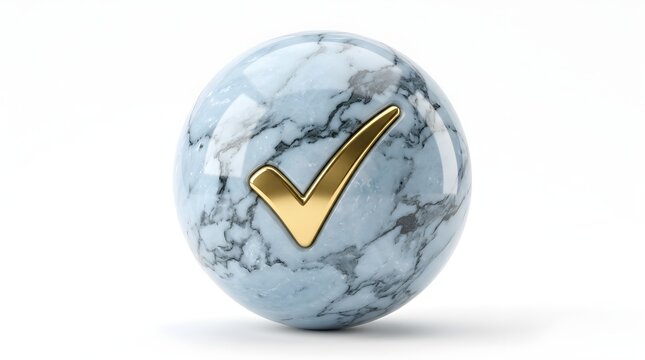 Marble sphere with gold check mark isolated on white background