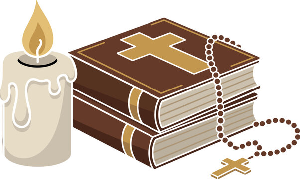 Christian holy bible vector illustration with burning candle rosary beads and golden cross symbol on white background