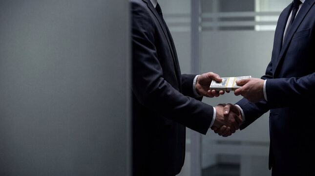 Businessman passing stack of cash to another man while shaking hands in office. Illegal transaction and bribery concept. Corporate corruption and unethical business deal negotiation.