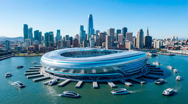 Aerial view of modern waterfront convention center with boats and city skyline at sunset