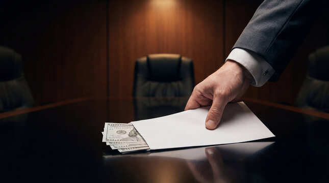 Man hand passing envelope with money across a table. Businessman giving bribe in a secret meeting. Criminal act of corruption and illegal financial deal in office. Illegal transaction.