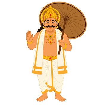 King mahabali ( maveli) holding an umbrella and making a blessing gesture for onam festival 
