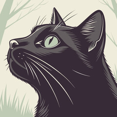Close up profile portrait of a black cat with striking eyes looking upwards portrait whiskers illustration contrast © Hosen
