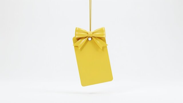 Yellow rectangular gift tag with matching bow hanging on a thin string