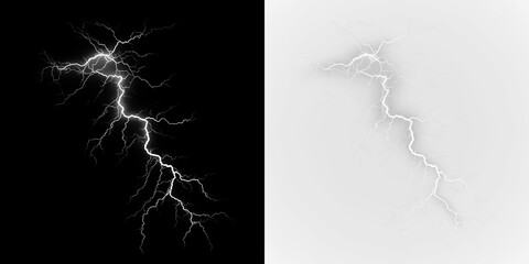 White bright lightning strike isolated on transparent and black background showing patterns of electricity in a natural setting, light overlay, PNG © Liubov