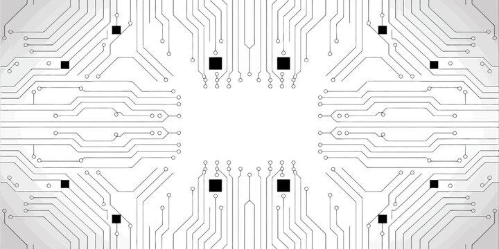 Abstract Circuit Board Pattern with Black Squares and White Lines on a Gradient Background