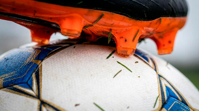 Close-up of Orange Soccer Cleats on Grass Field with Black and White Ball