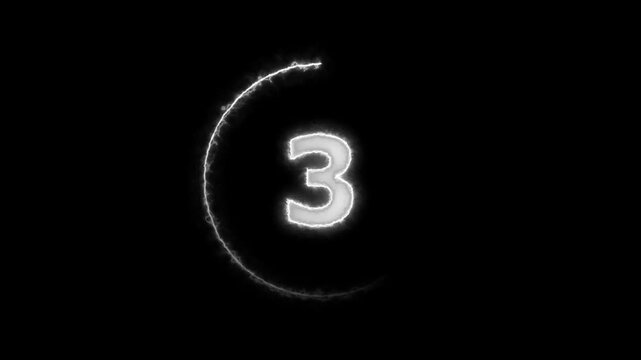 3 second countdown timer animation, neon number text glowing from 0 to 3, with attractive circle animation. Circle countdown timer 3 second animation graphics transparent background electric saber