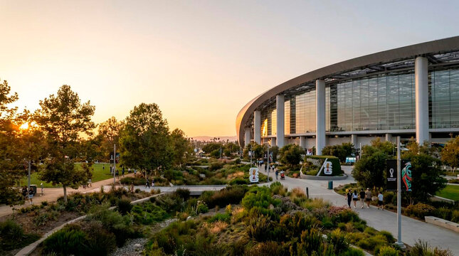 Modern glass office building at sunset with landscaped greenery and urban park surroundings