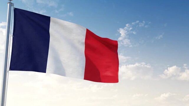 The french flag waving in the wind against a blue sky with clouds