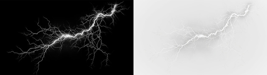 White lightning bolts create a striking effect isolated on transparent and black background with grey clouds during a stormy day, light overlay, PNG © Liubov