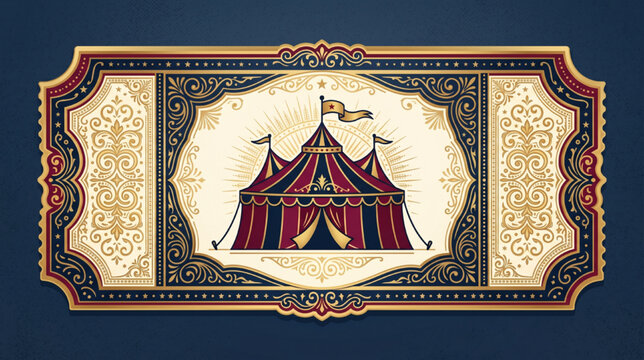 Vintage Circus Ticket Design with Ornate Decorative Borders and Classic Big Top Tent Illustration