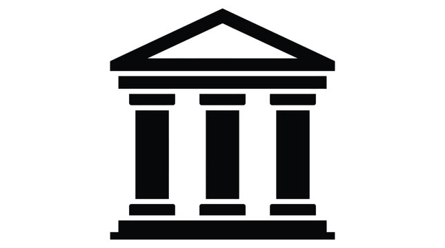 Minimalist black and white vector illustration of a classic bank building with three sturdy pillars