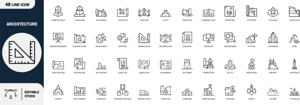 Architecture construction line art icons set, blueprint, 3D building, skyscraper, triangle ruler, compass tool, smart building, eco house, city skyline, lighthouse, factory, Web icon, App icon, Outlin