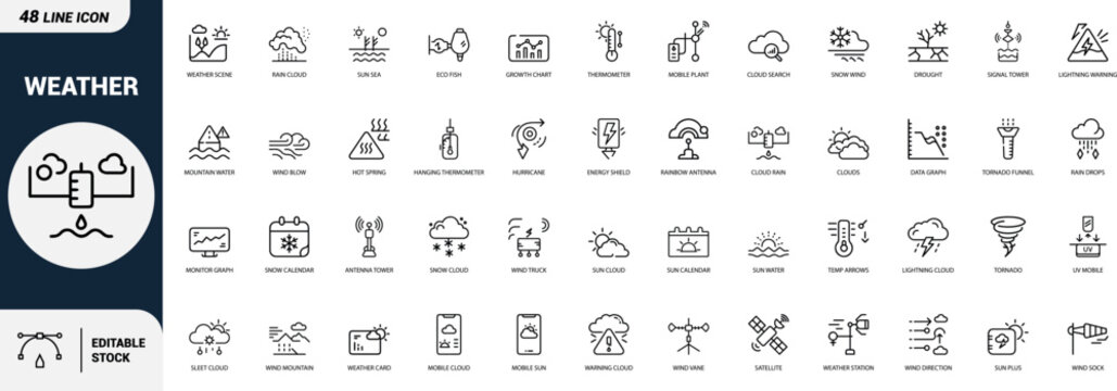 Weather forecast line art icons set, rain cloud icon, thermometer icon, hurricane icon, tornado icon, lightning icon, snow icon, wind icon, sun icon, Web icon, App icon, Outline icon, Editable stroke,