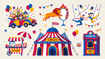 Obraz premium Colorful Circus Performance Collection Featuring Big Top Tent Carnival Rides Performers and Food Stalls Illustration