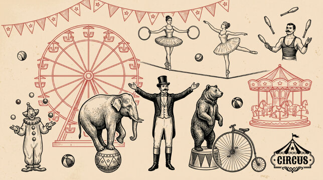 Whimsical vintage circus elements set, featuring traditional performers, trained animals, and classic attractions like the Ferris wheel, carousel, and various acts