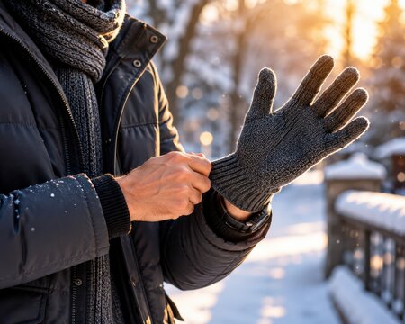 Man in black winter jacket adjusts gray knit gloves while standing outdoors in a snowy park, with sunlight filtering through trees in the background creating a warm glow