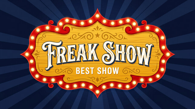 Vintage Circus Event Signboard with Glowing Marquee Lights, Retro Style Carnival Banner with Decorative Ornaments, Classic Fairground Attraction Display and Striped Background