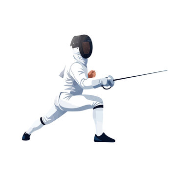 Fencer in Attack Pose with Sword on White Background