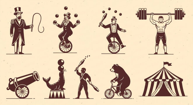 Retro Circus Performers and Acts Featuring a Cannon, Bear, and Strongman Illustration